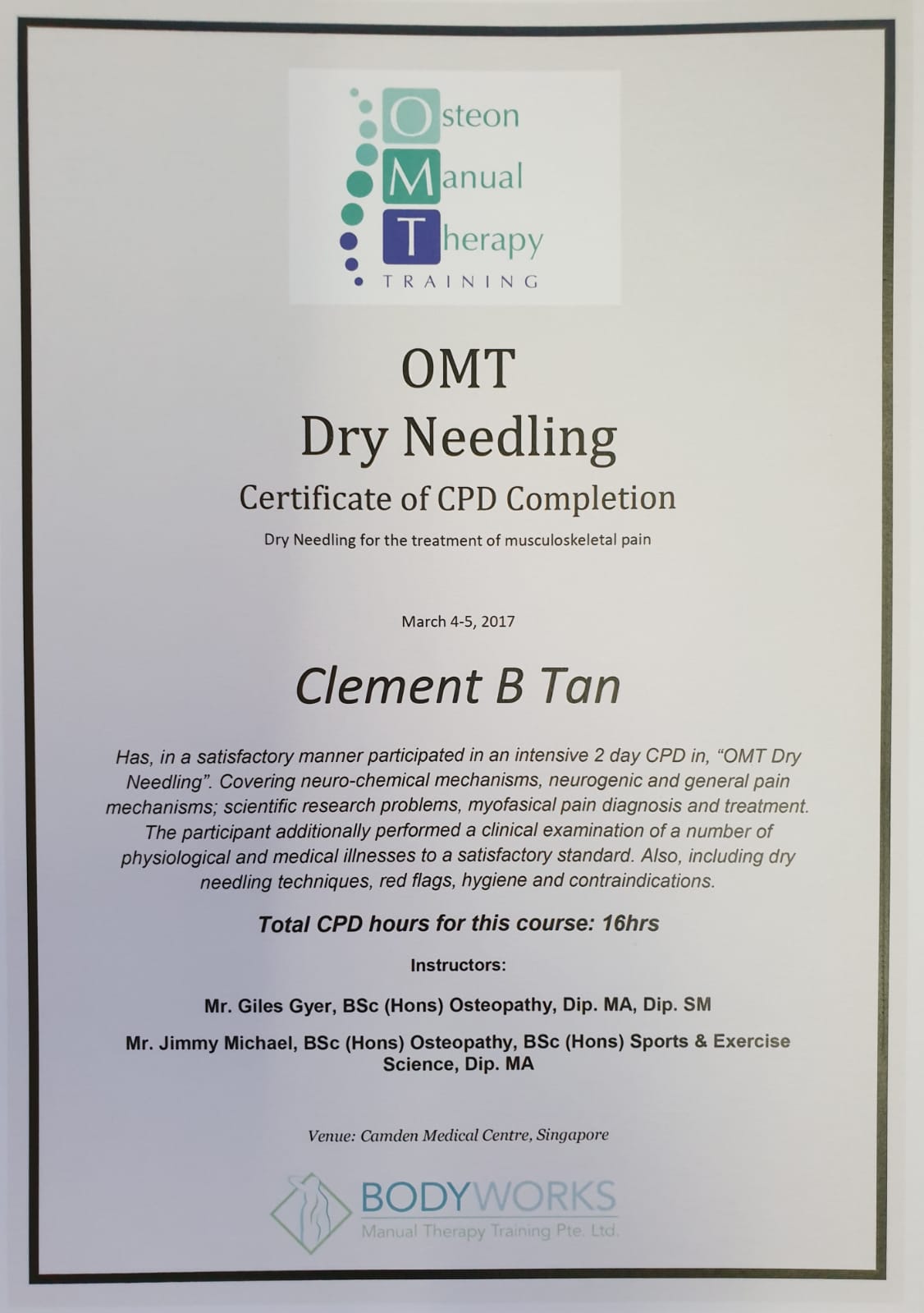 Osteon Manual Therapy Dry Needling certificate