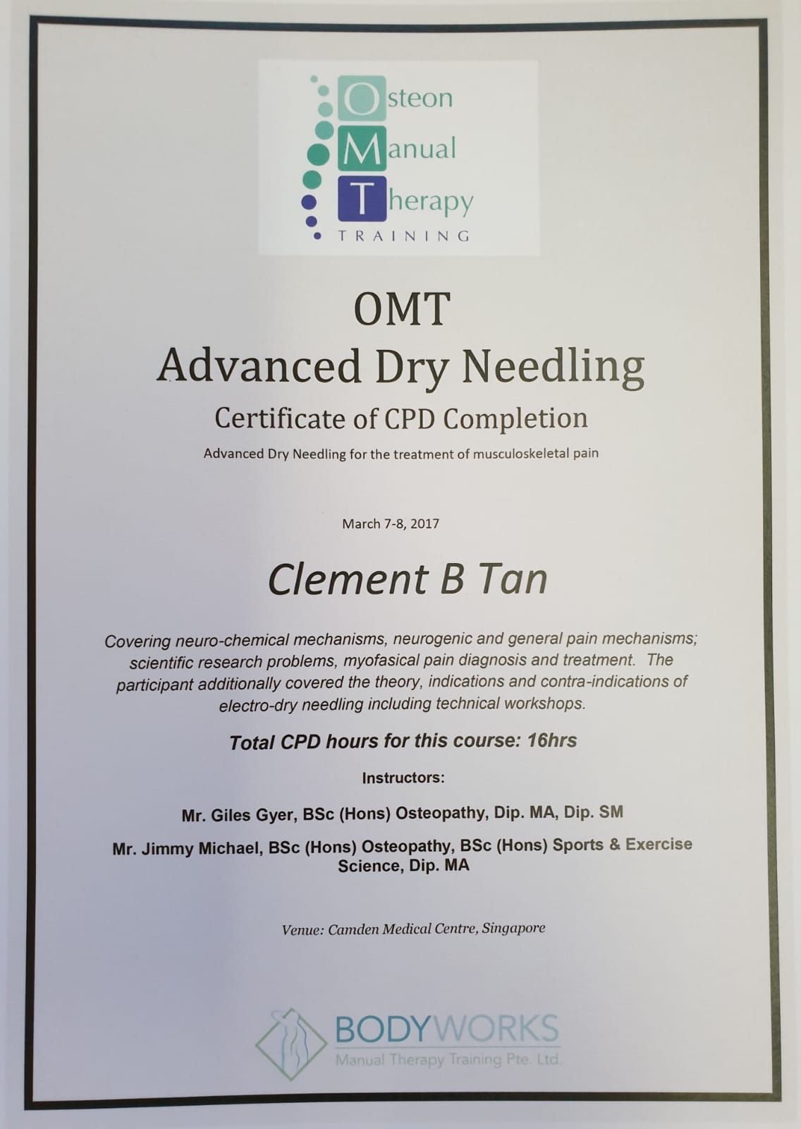 Osteon Manual Therapy Advanced Dry Needling certificate