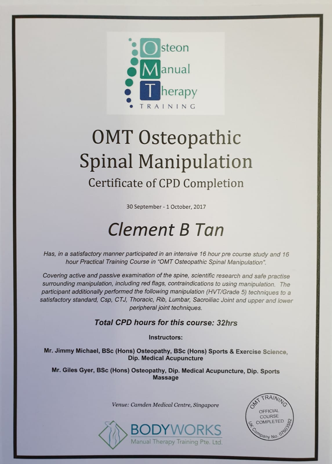 Osteon Manual Therapy for spinal manipulation certificate